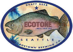 Ecotone IPA tap label featuring a watercolor of a salmon