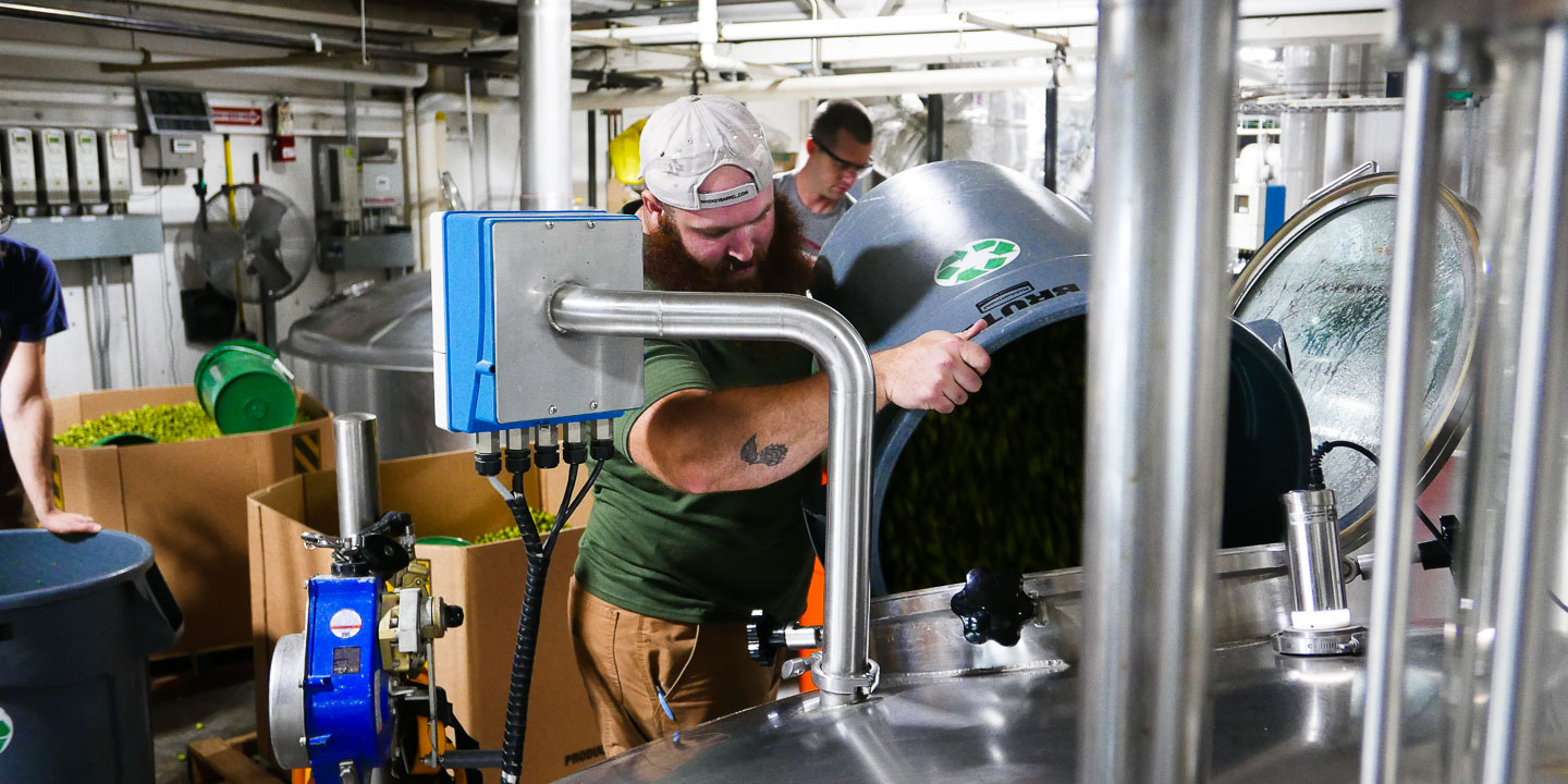 Brewer Rick adds fresh hops to the mash tun during a brew day
