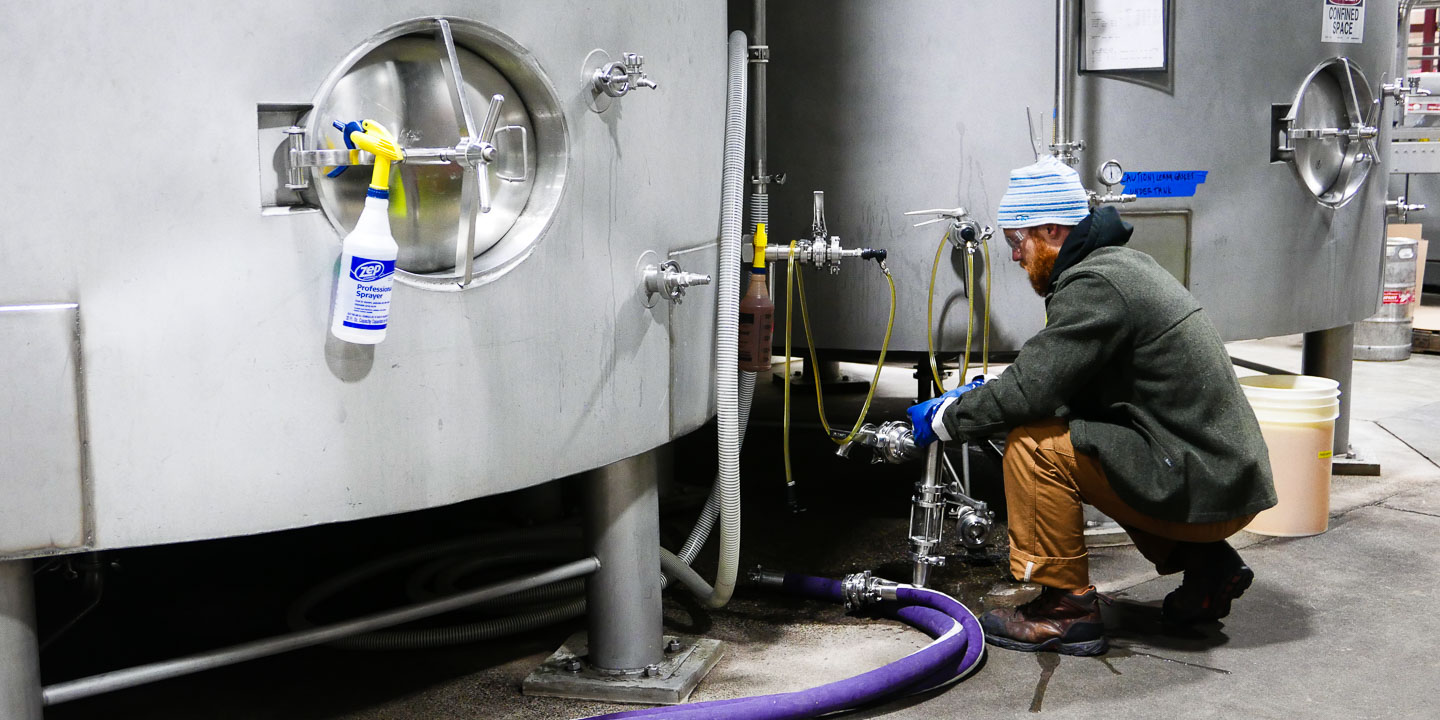 Brewer Travis takes beer from a fermenting tank for lab testing